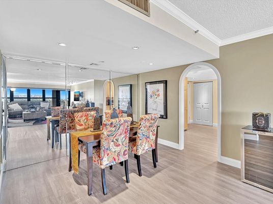 Dining room, Interior, Living room, Recessed Lighting, Wood Texture Flooring