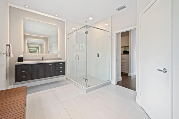 Bathroom, Glass Shower, Interior, Recessed Lighting, Wood Texture Flooring