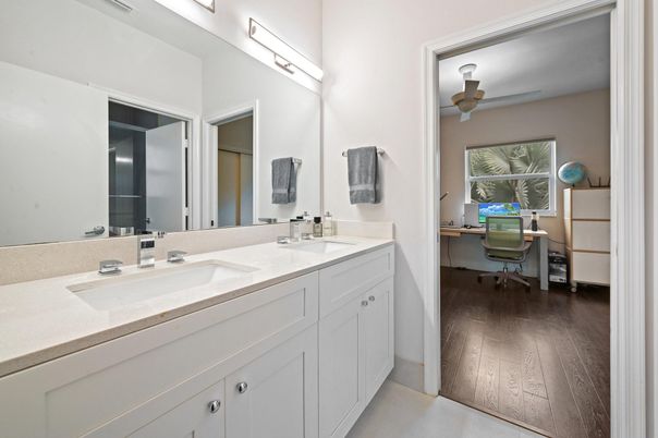 Bathroom, Dual Sink Vanities, Home Office, Interior, Wood Texture Flooring