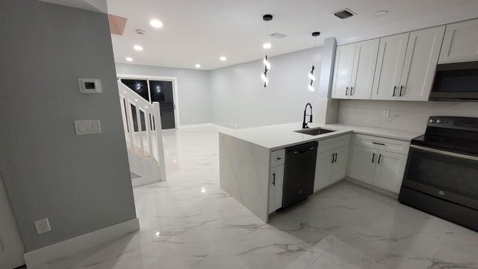 Interior, Kitchen, Marble, Pendant Lights, Recessed Lighting, Stainless Steel Appliances