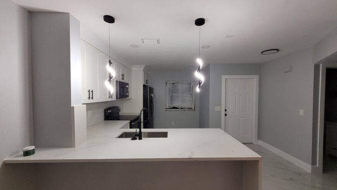 Interior, Kitchen, Marble, Pendant Lights, Recessed Lighting
