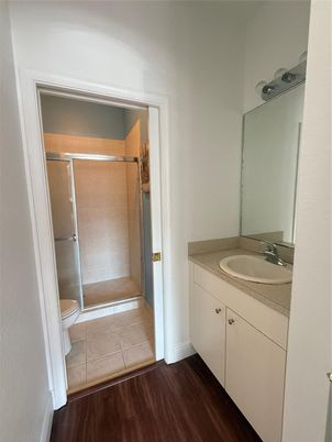 Bathroom, Glass Shower, Interior, Wood Texture Flooring