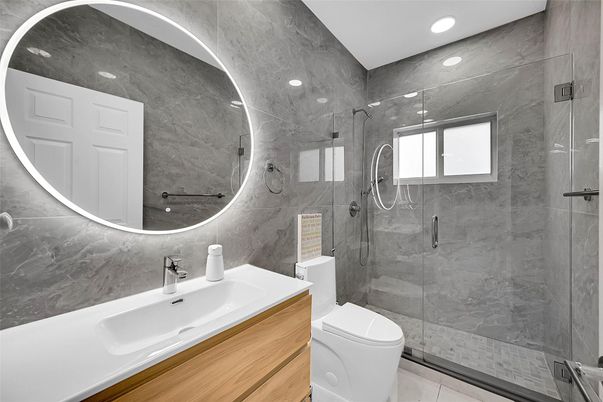 Bathroom, Glass Shower, Interior, Marble Walls, Recessed Lighting