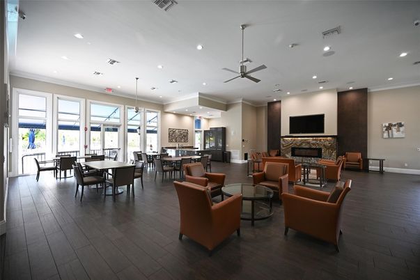Dining room, Fireplace, Interior, Living room, Pendant Lights, Recessed Lighting, Wood Texture Flooring