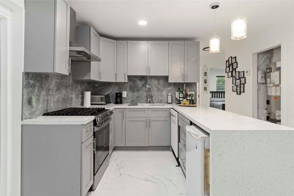 Interior, Kitchen, Marble, Pendant Lights, Recessed Lighting, Stainless Steel Appliances