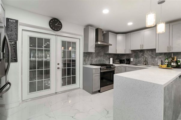Interior, Kitchen, Marble, Pendant Lights, Recessed Lighting, Stainless Steel Appliances