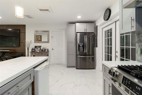 Interior, Kitchen, Marble, Pendant Lights, Recessed Lighting, Stainless Steel Appliances