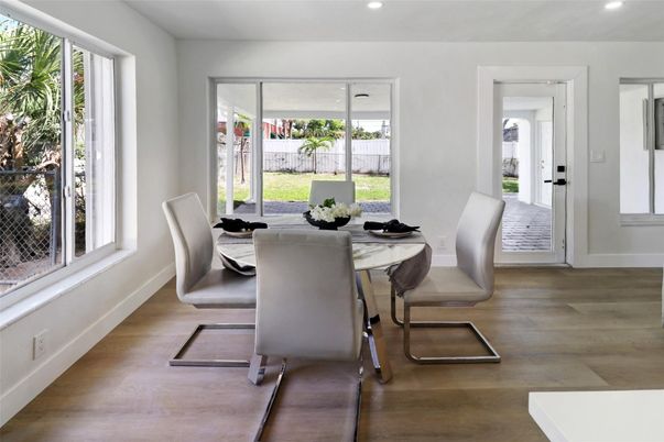 Dining room, Interior, Recessed Lighting, Wood Texture Flooring