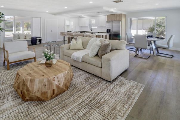 Dining room, Interior, Kitchen, Living room, Recessed Lighting, Stainless Steel Appliances, Wood Texture Flooring