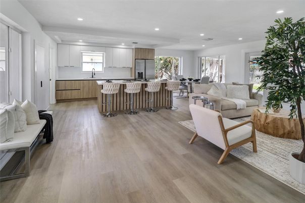 Interior, Kitchen, Living room, Recessed Lighting, Stainless Steel Appliances, Wood Texture Flooring