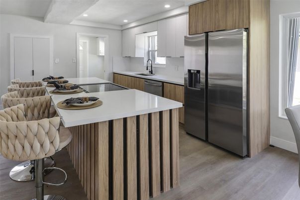 Interior, Kitchen, Recessed Lighting, Stainless Steel Appliances, Wood Texture Flooring