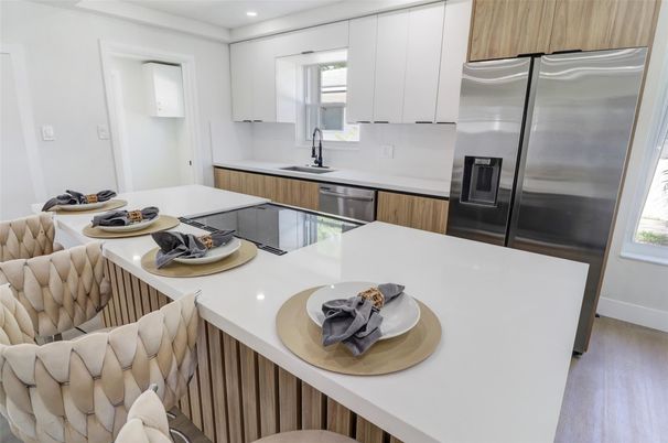 Interior, Kitchen, Recessed Lighting, Stainless Steel Appliances, Wood Texture Flooring