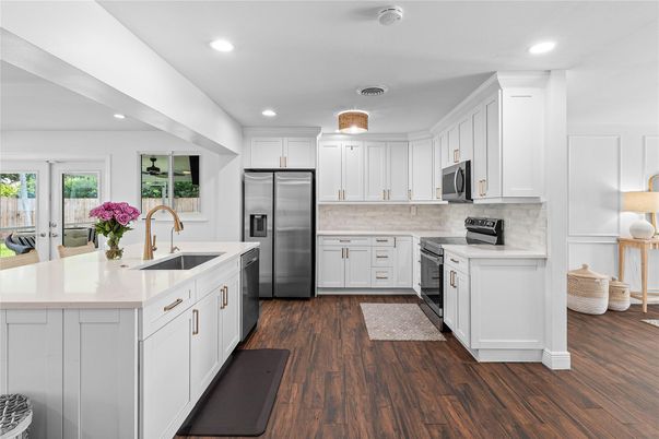 Interior, Kitchen, Recessed Lighting, Stainless Steel Appliances, Wood Texture Flooring