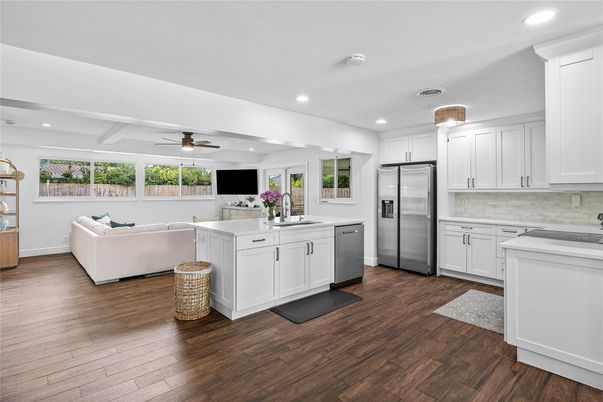 Interior, Kitchen, Living room, Recessed Lighting, Stainless Steel Appliances, Wood Texture Flooring