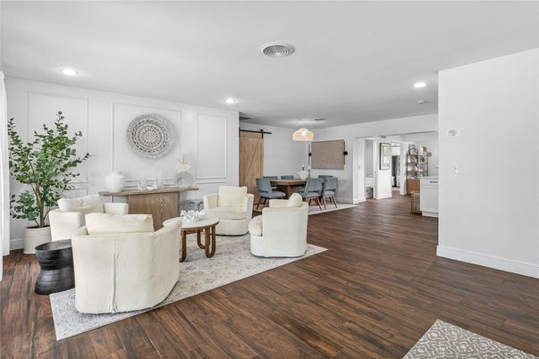 Dining room, Interior, Living room, Recessed Lighting, Wood Texture Flooring