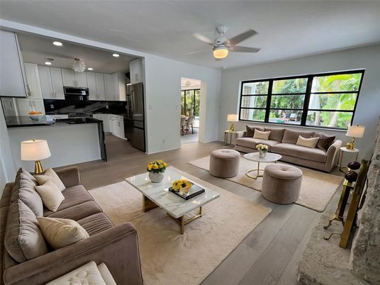 Interior, Kitchen, Living room, Recessed Lighting, Stainless Steel Appliances, Wood Texture Flooring