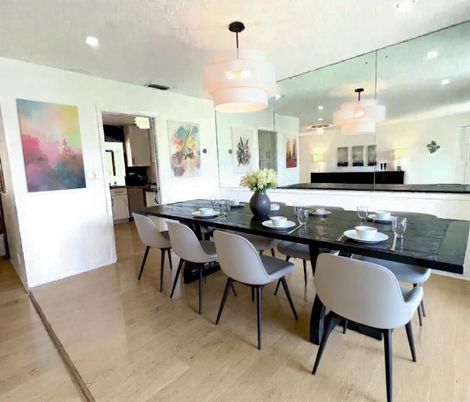Dining room, Interior, Pendant Lights, Recessed Lighting, Wood Texture Flooring