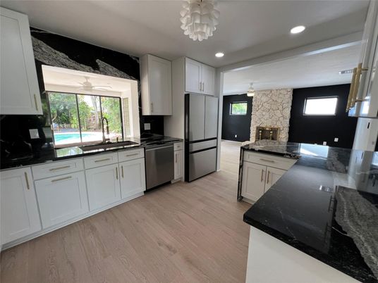 Interior, Kitchen, Pendant Lights, Recessed Lighting, Stone Walls, Wood Texture Flooring