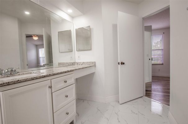 Bathroom, Dual Sink Vanities, Interior, Marble, Recessed Lighting