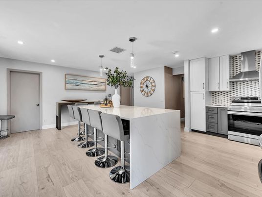 Interior, Kitchen, Pendant Lights, Recessed Lighting, Stainless Steel Appliances, Wood Texture Flooring