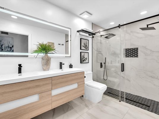Bathroom, Glass Shower, Interior, Marble, Marble Walls, Recessed Lighting