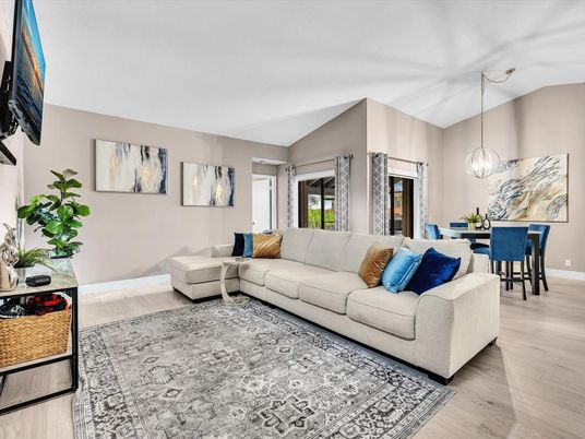 Dining room, Interior, Living room, Pendant Lights, Wood Texture Flooring