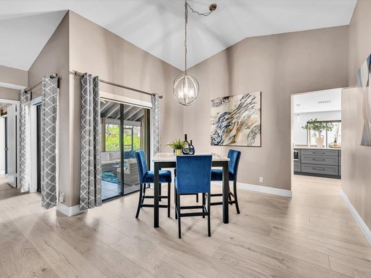 Dining room, Interior, Pendant Lights, Wood Texture Flooring