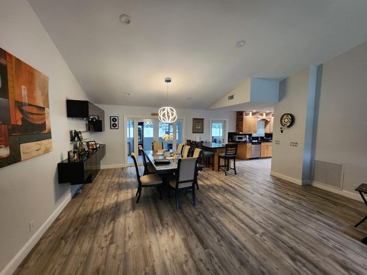 Dining room, Interior, Kitchen, Pendant Lights, Recessed Lighting, Wood Texture Flooring