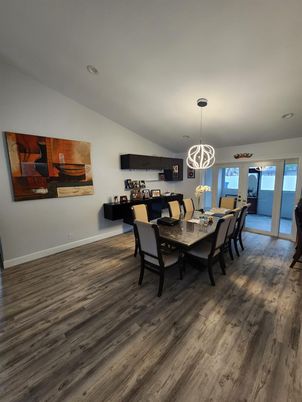 Dining room, Interior, Pendant Lights, Recessed Lighting, Wood Texture Flooring