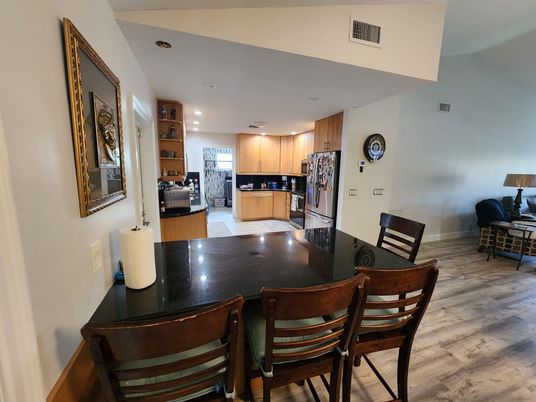 Dining room, Interior, Kitchen, Recessed Lighting, Wood Texture Flooring