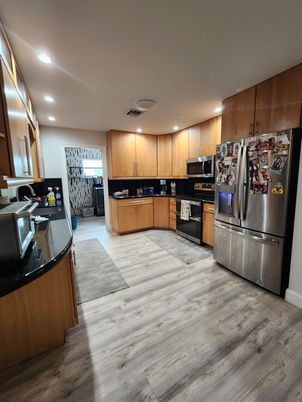 Interior, Kitchen, Recessed Lighting, Stainless Steel Appliances, Wood Texture Flooring