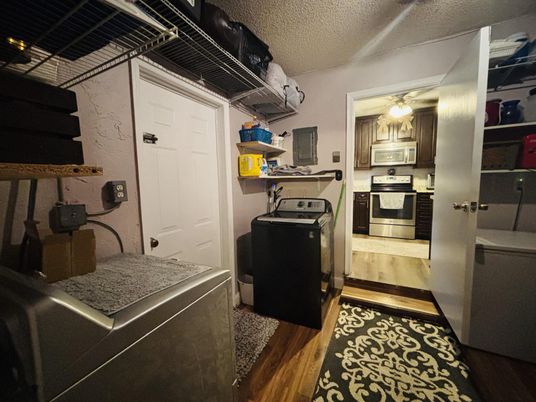 Interior, Kitchen, Stainless Steel Appliances, Washer, Wood Texture Flooring