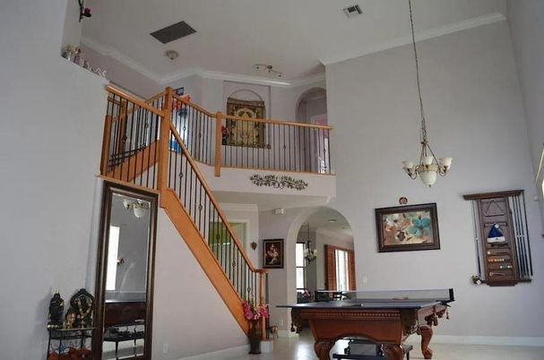 Billiard Table, Chandelier, Game Room, Interior, Pendant Lights