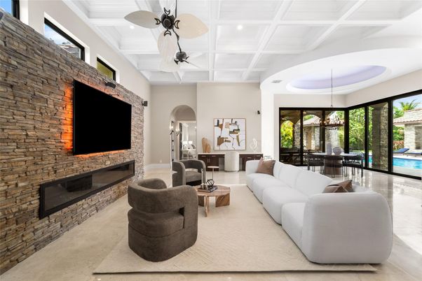 Dining room, Fireplace, Interior, Living room, Pendant Lights, Recessed Lighting, Stone Walls