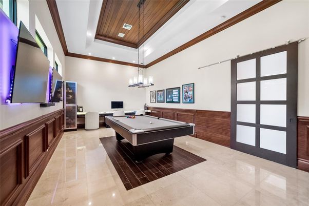Billiard Table, Chandelier, Game Room, Interior, Pendant Lights, Recessed Lighting, Wooden Ceilings