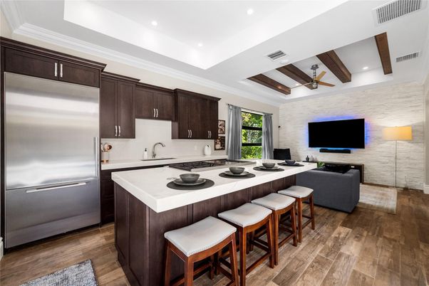 Interior, Kitchen, Living room, Recessed Lighting, Stainless Steel Appliances, Wooden Beams, Wood Texture Flooring