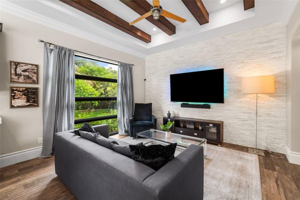 Interior, Living room, Recessed Lighting, Stone Walls, Wooden Beams, Wood Texture Flooring