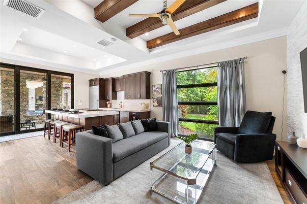 Interior, Kitchen, Living room, Recessed Lighting, Stone Walls, Wooden Beams, Wood Texture Flooring