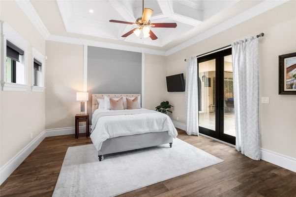 Bedroom, Interior, Recessed Lighting, Wood Texture Flooring