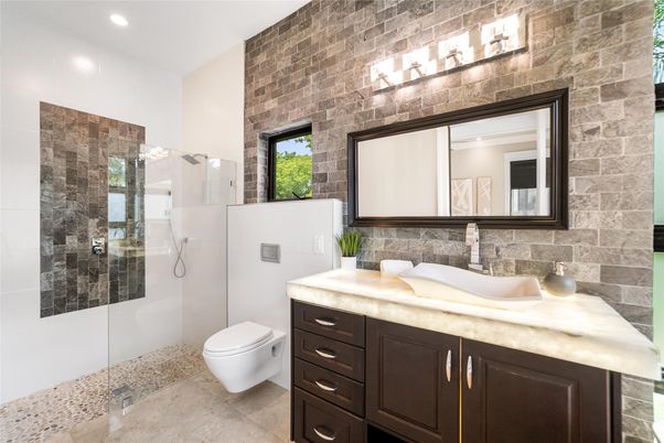 Bathroom, Glass Shower, Interior, Recessed Lighting, Stone Walls