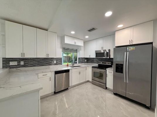Interior, Kitchen, Marble, Recessed Lighting, Stainless Steel Appliances