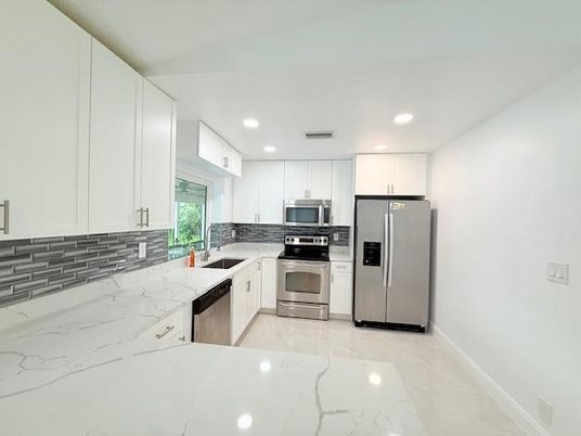 Interior, Kitchen, Marble, Recessed Lighting, Stainless Steel Appliances