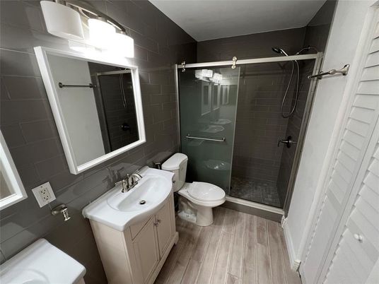 Bathroom, Glass Shower, Interior, Wood Texture Flooring
