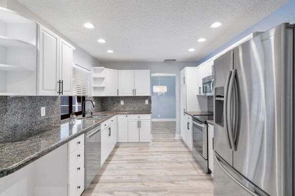 Interior, Kitchen, Recessed Lighting, Stainless Steel Appliances, Wood Texture Flooring