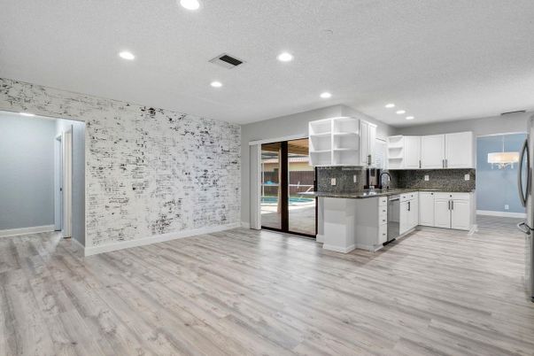 Empty room, Interior, Kitchen, Recessed Lighting, Wood Texture Flooring