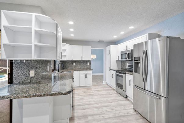 Interior, Kitchen, Recessed Lighting, Stainless Steel Appliances, Wood Texture Flooring
