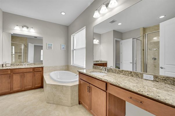 Bathroom, Dual Sink Vanities, Glass Shower, Interior, Recessed Lighting