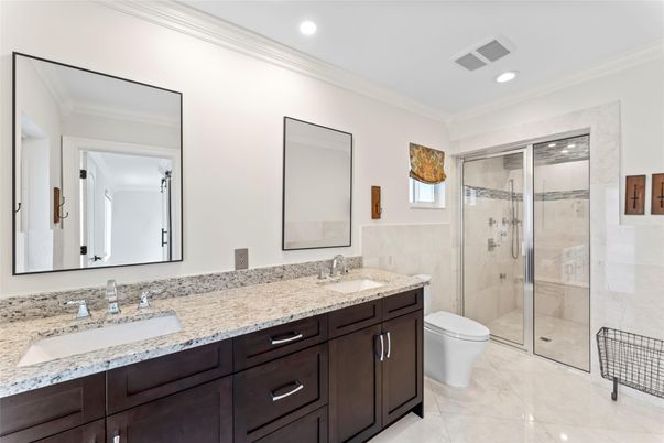 Bathroom, Dual Sink Vanities, Glass Shower, Interior, Recessed Lighting