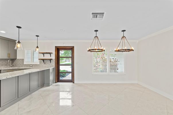 Empty room, Interior, Kitchen, Pendant Lights, Recessed Lighting