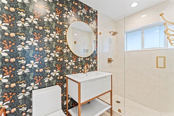 Bathroom, Glass Shower, Interior, Marble Walls, Recessed Lighting